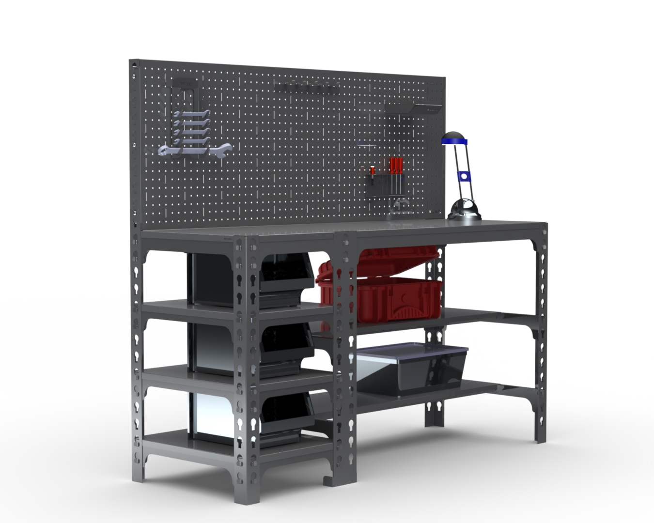 

Стол металлический Metalex 750х1600х400 с боковыми полками и перфопанелью (серый)