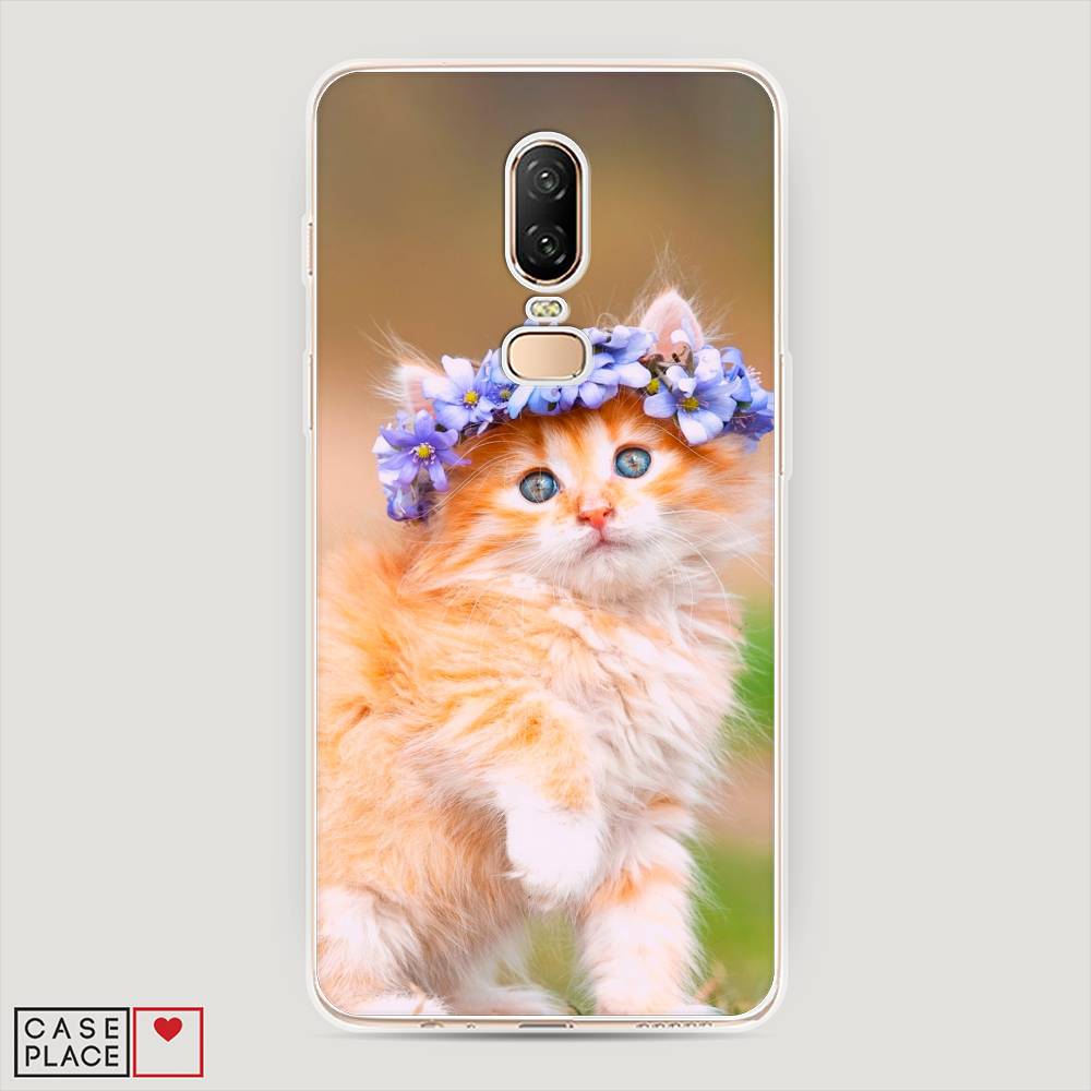 

Чехол Awog на OnePlus 6 / ВанПлас 6 "Рыжий кот в венке", Коричневый;синий, 150550-1