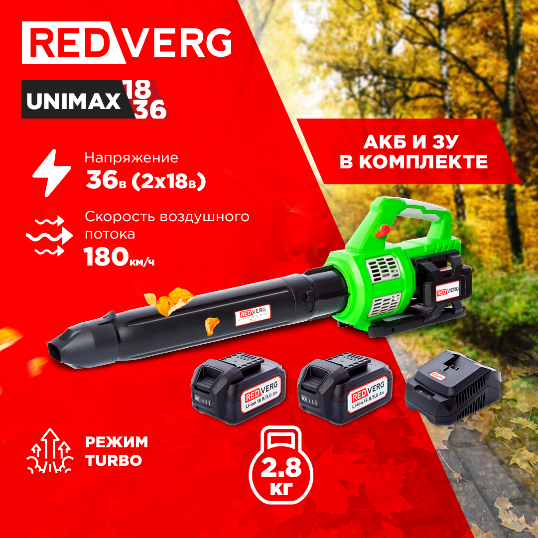 Воздуходувка аккумуляторная REDVERG RD-B36BL/U+ ЗУ 4А + 2