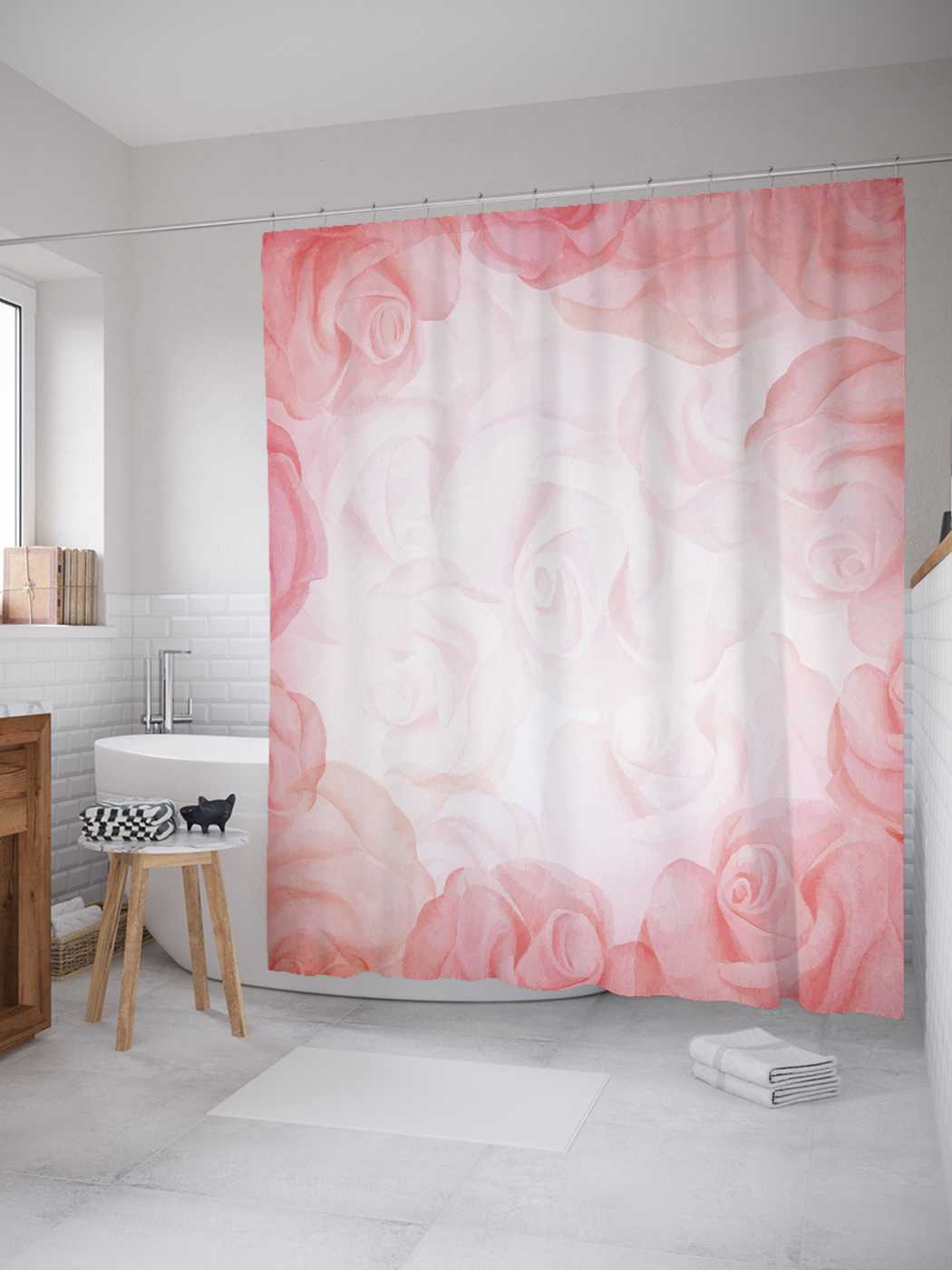 фото Штора (занавеска) для ванной joyarty "обрамление розами" из сатена, 180х200 см с крючками