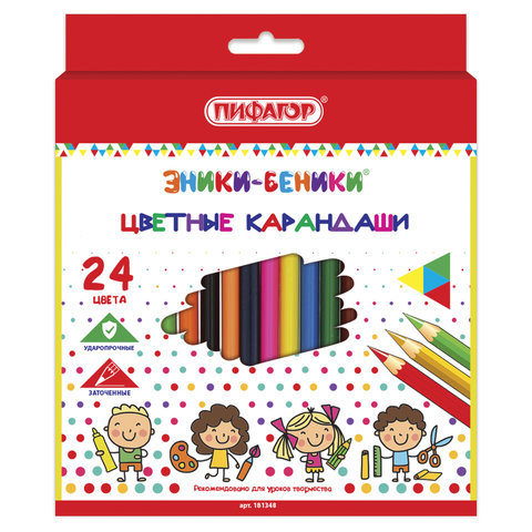 Карандаши цветные 24 цв Пифагор Эники-беники L=176мм d=3мм 6гр картон 12 уп