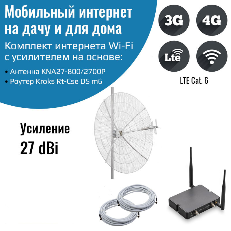 

Мобильный интернет на даче,3G/4G/WI-FI – Комплект роутер Kroks m6 с антенной 27DBi