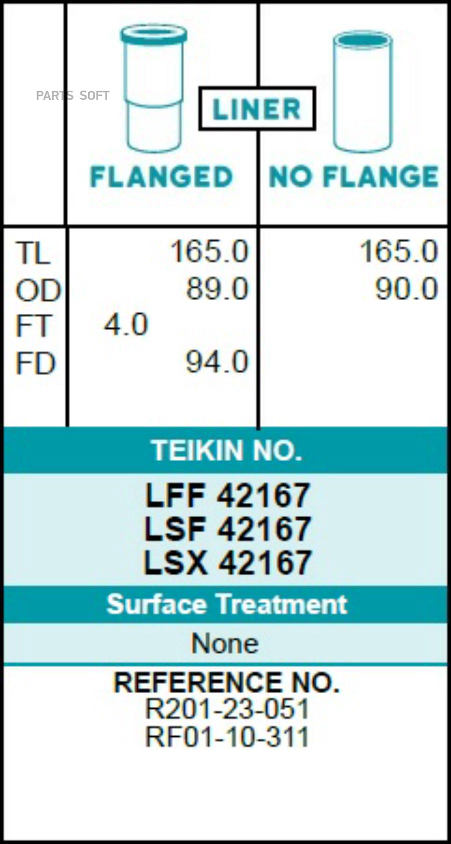 

Гильза блока цилиндров TEIKIN LFF42167 (4шт/упак) хонингованная