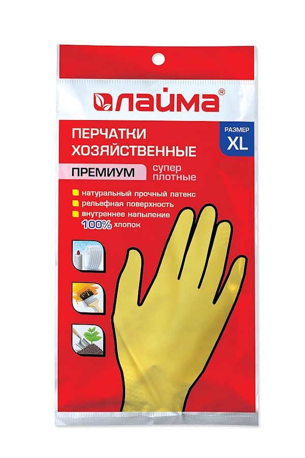 

Перчатки латексные Лайма Премиум, внутреннее напыление хлопок 100%, р10 () 600781 12пар, Желтый