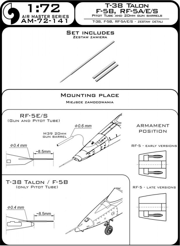 фото Am-72-141 т-38 talon / f-5b / rf-5a, e, s - трубка пито и 20-мм стволы master
