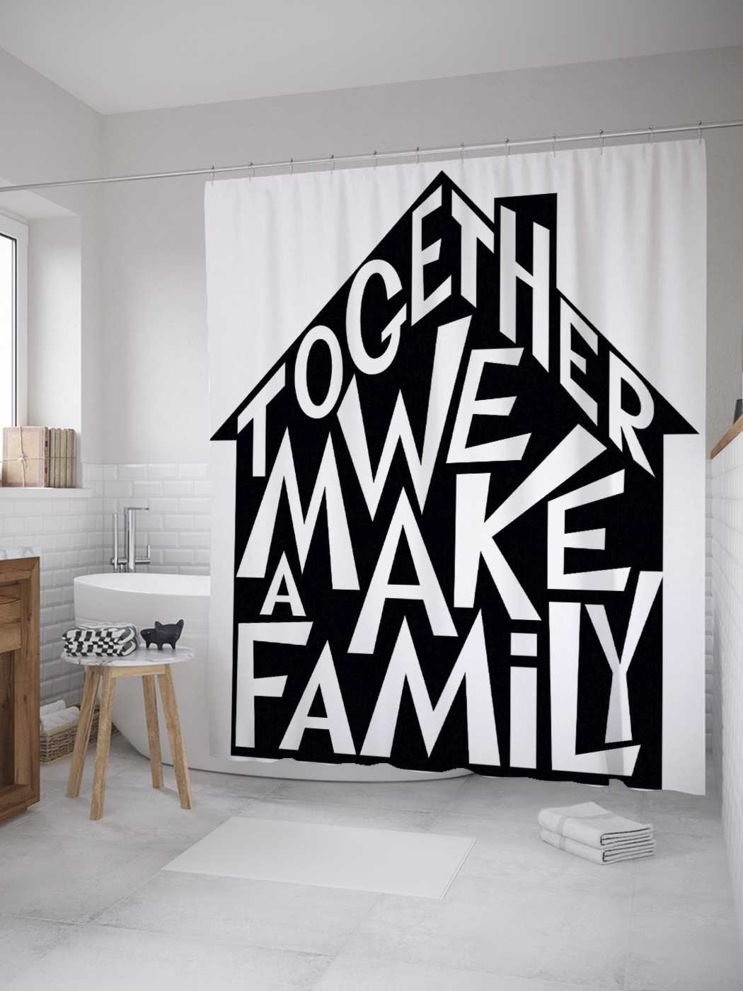 

Штора (занавеска) для ванной JoyArty "Вместе мы семья" из сатена, 180х200 см с крючками, Голубой