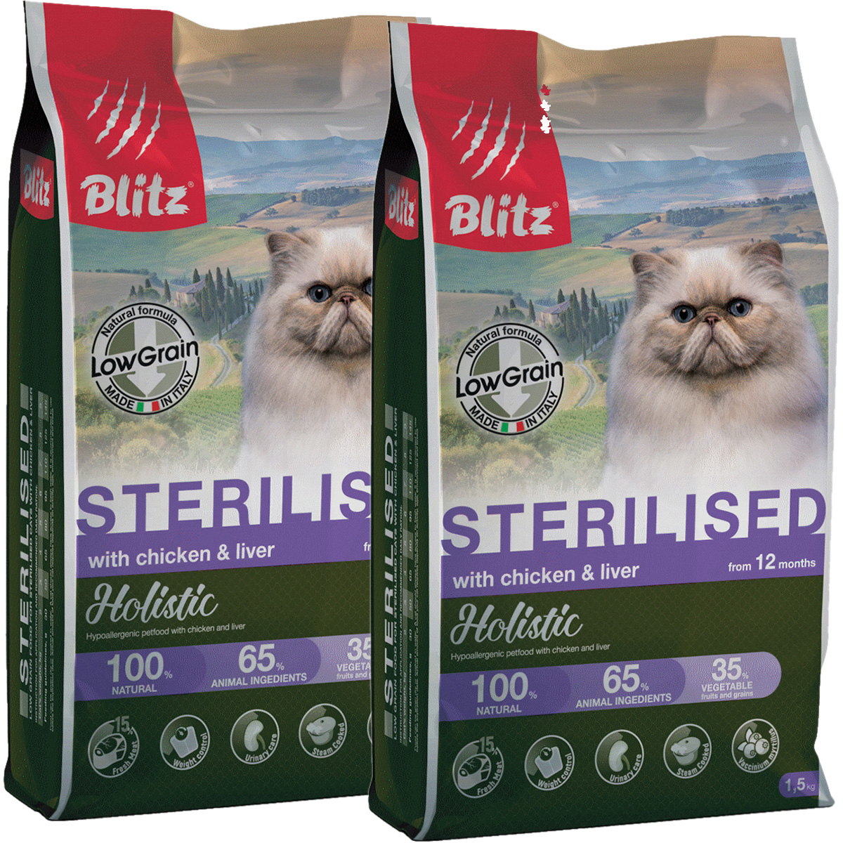 

Сухой корм для кошек BLITZ HOLISTIC LOW-GRAIN ADULT CAT с курицей и печенью 2шт по 1,5кг
