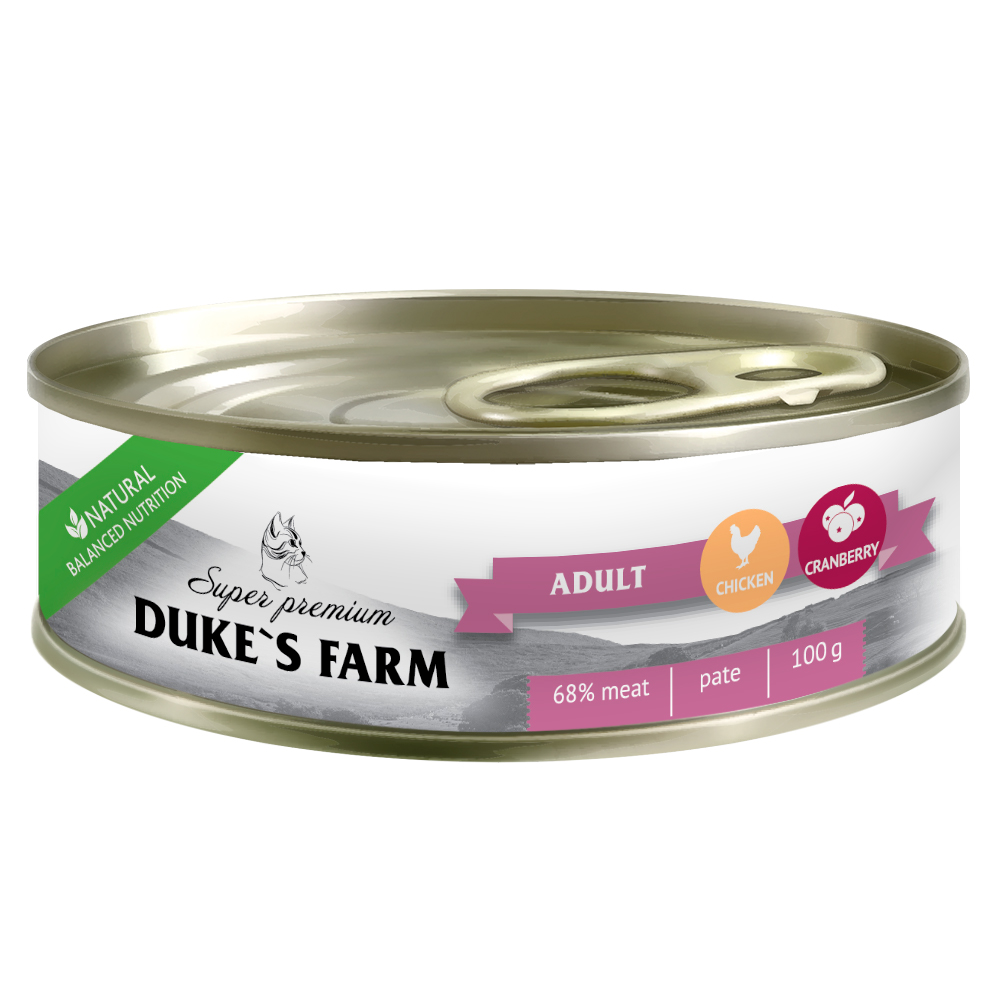 Консервы для кошек Duke's Farm Adult, курица с клюквой и шпинатом, 100г