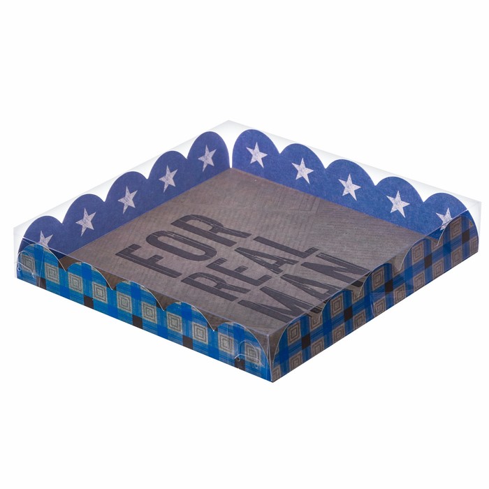 

Коробка для кондитерских изделий с PVC-крышкой For real man, 18x18x3 см, Синий