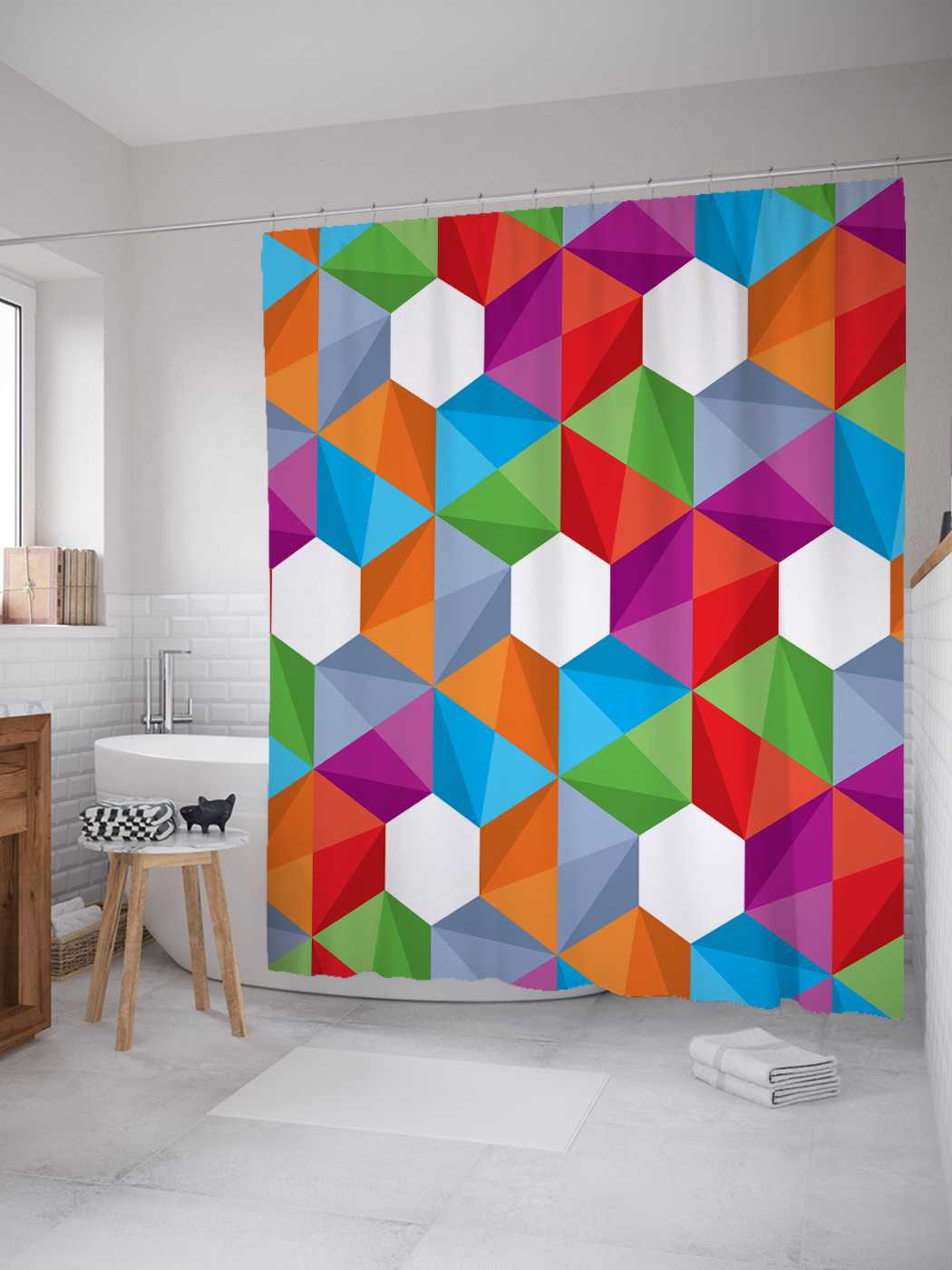 фото Штора для ванной joyarty "цветные пятиугольники" 180х200 см с крючками