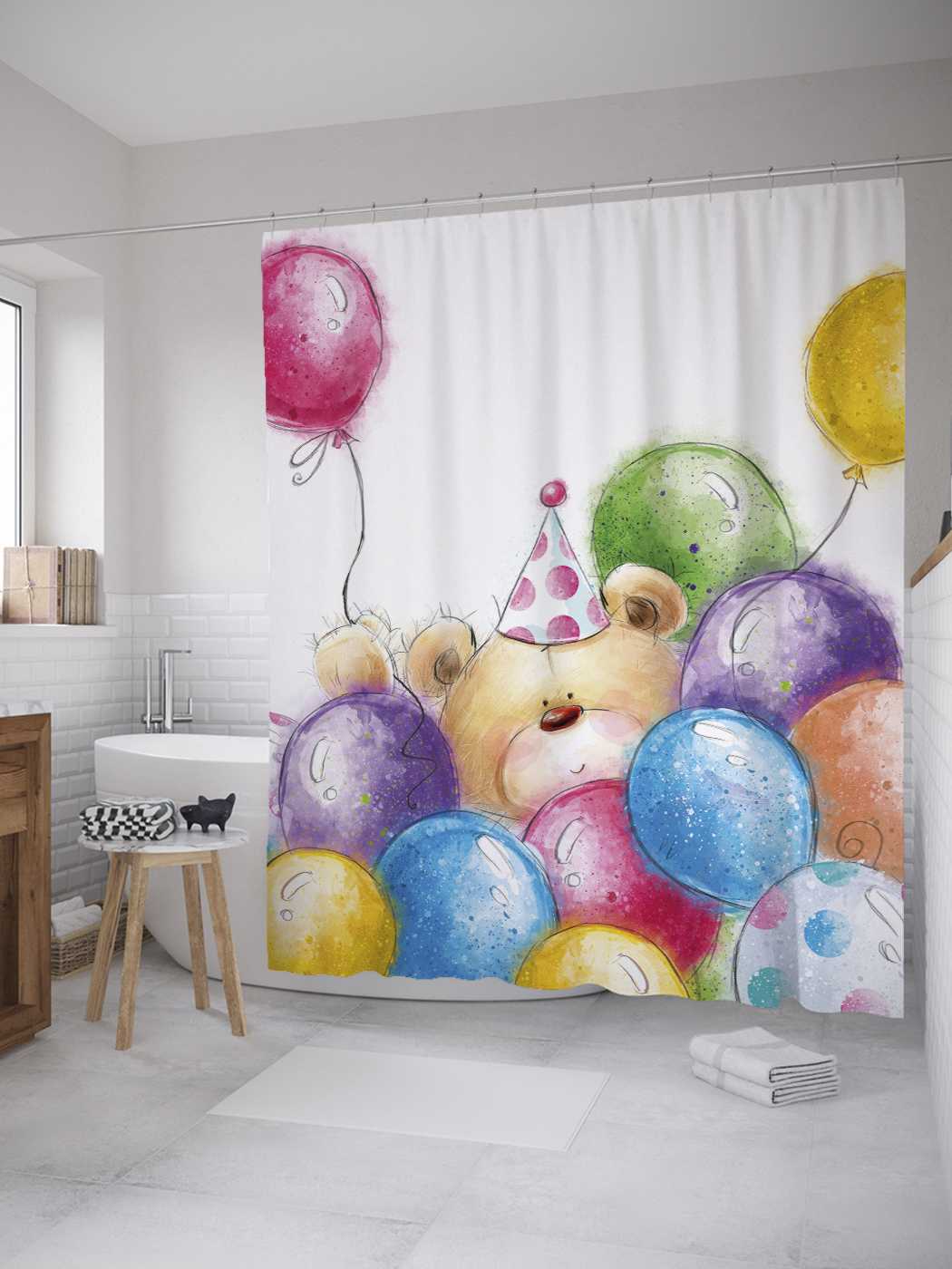 фото Штора (занавеска) для ванной joyarty "мишка в шариках" из сатена, 180х200 см с крючками