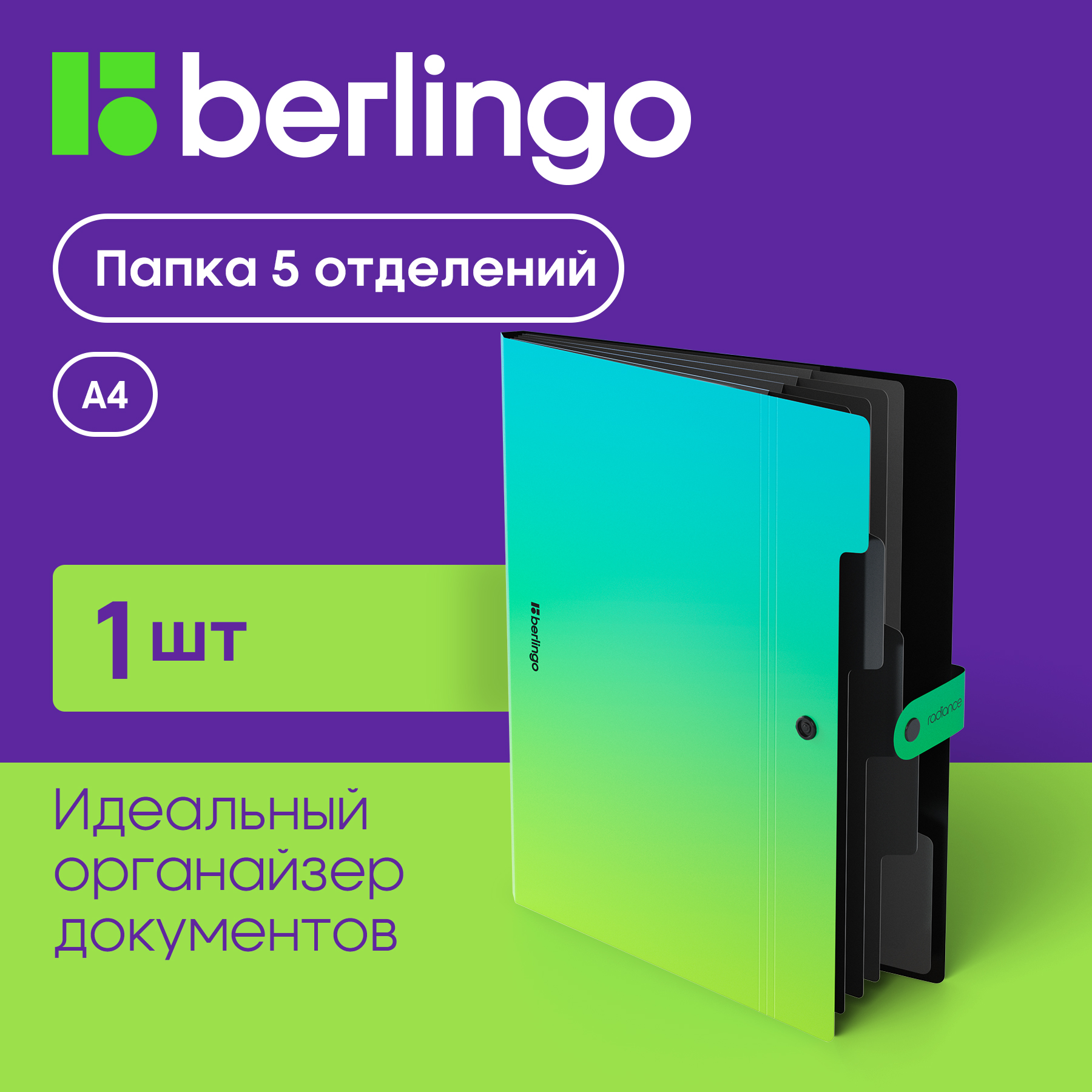 

Папка Berlingo Radiance 5 отделений, А4, 600мкм, на кнопке, голубой/зеленый градиент, Разноцветный