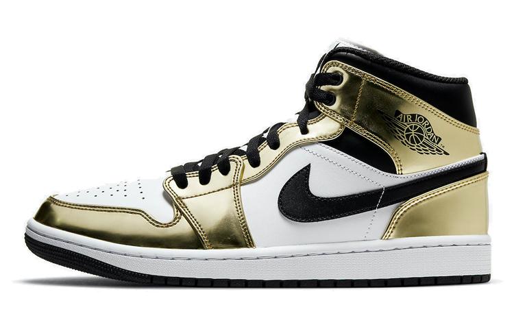 

Кеды унисекс Jordan Air Jordan 1 Mid SE Metallic Gold золотистые 45.5 EU, Золотистый, Air Jordan 1 Mid SE Metallic Gold