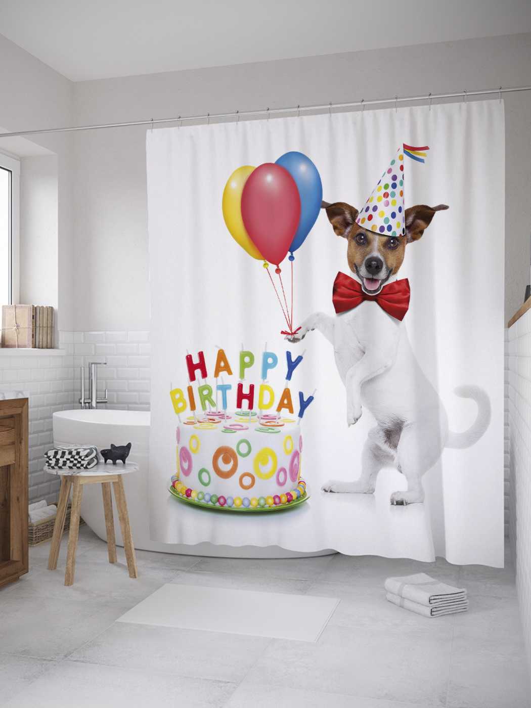 фото Штора (занавеска) для ванной joyarty "собака с шариками" из сатена, 180х200 см с крючками