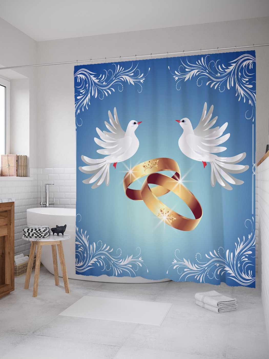 фото Штора (занавеска) для ванной joyarty "кольца и голуби" из сатена, 180х200 см с крючками