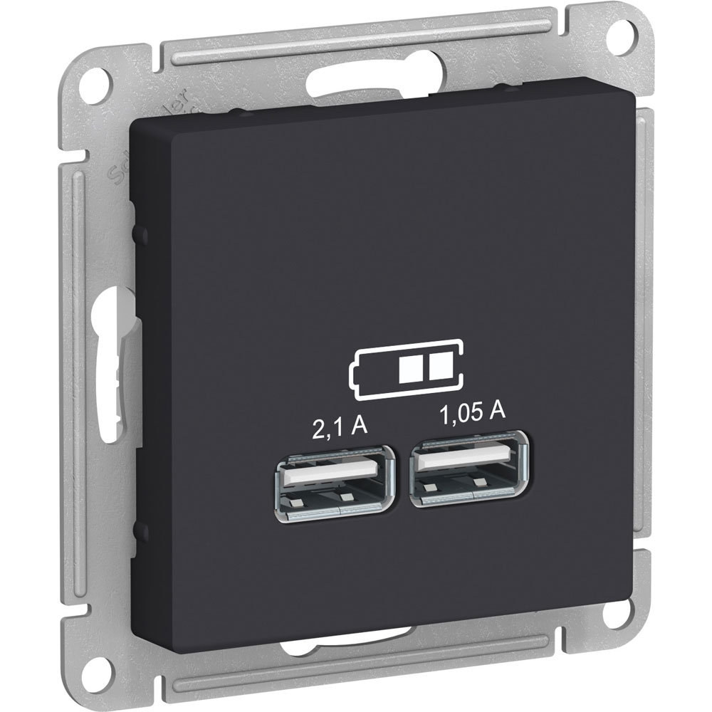 Розетка двойная Schneider Electric AtlasDesign USB тип A+A, 5В 1x2100/2x1050 мА. Карбон