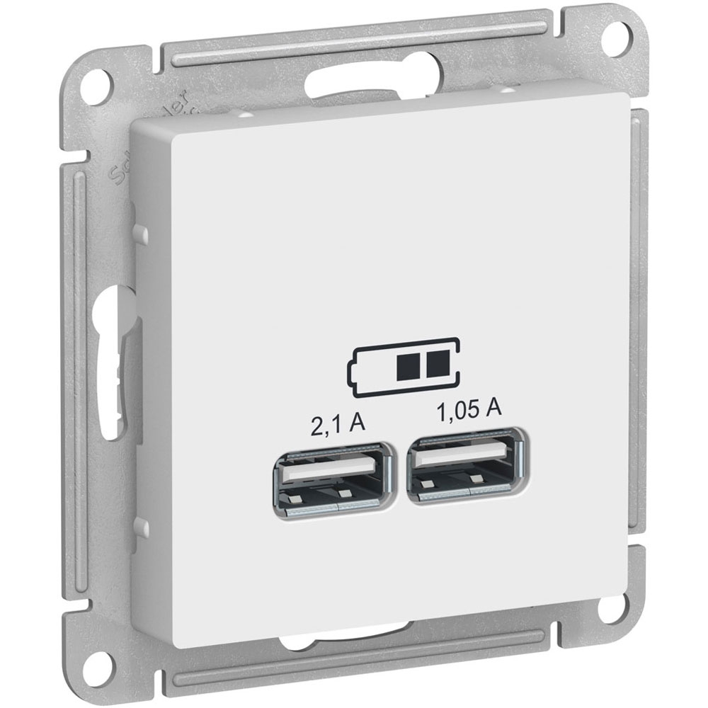 Розетка двойная Schneider Electric AtlasDesign USB тип A+A, 5В 1x2100/2x1050 мА. Белая