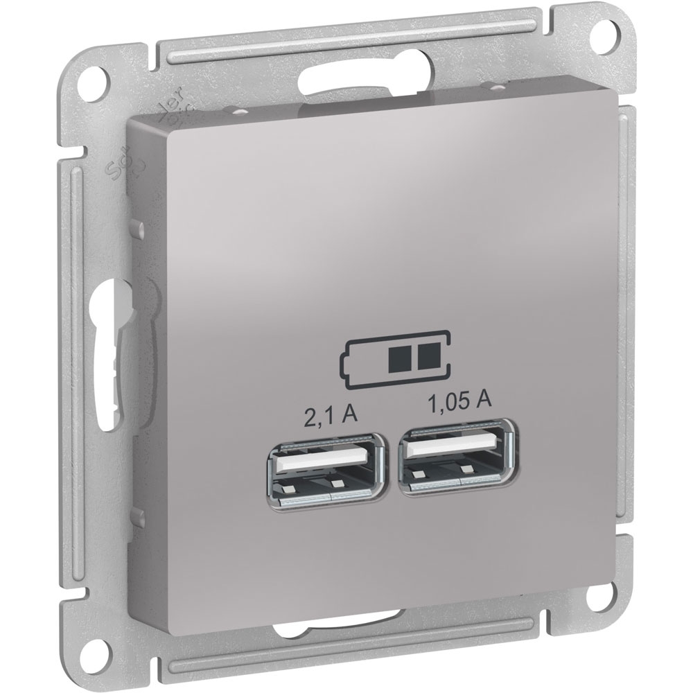 Розетка двойная Schneider Electric AtlasDesign USB тип A+A, 5В 1x2100/2x1050 мА. Алюминий