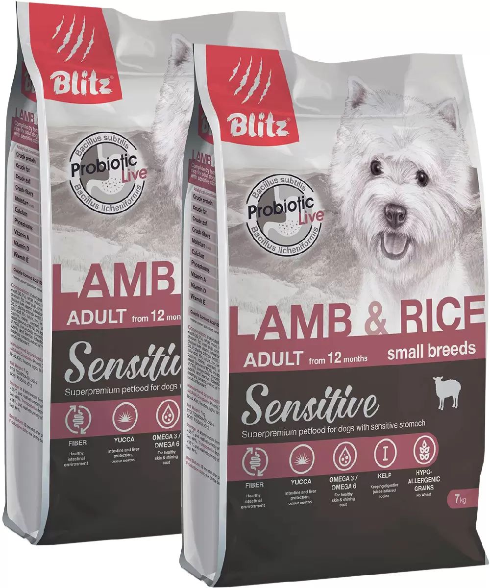 

Сухой корм для собак BLITZ SENSITIVE ADULT SMALL BREEDS, с ягненком и рисом, 2шт по 7кг