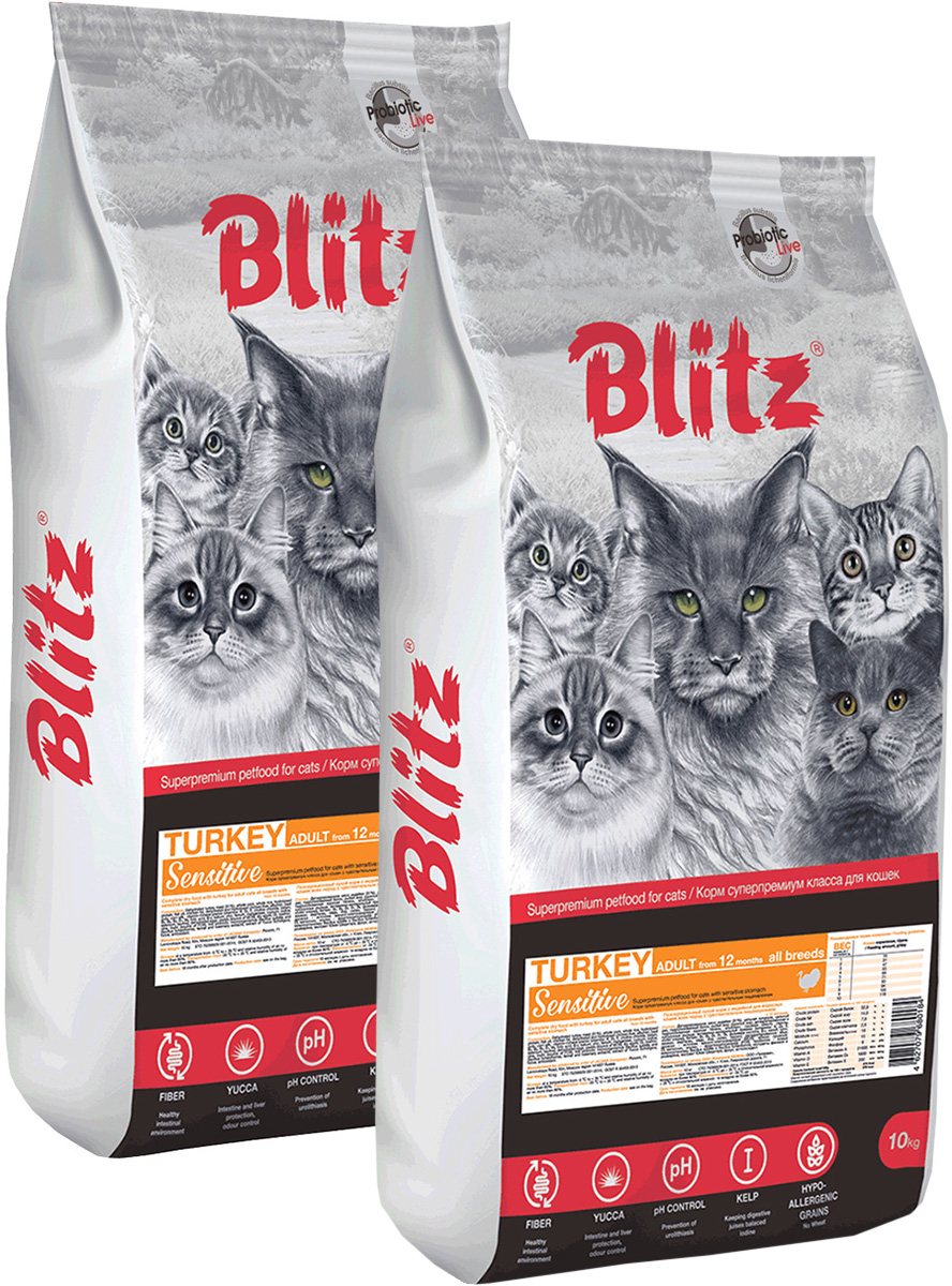 

Сухой корм для кошек BLITZ SENSITIVE ADULT CAT STERILISED с индейкой 2шт по 10кг