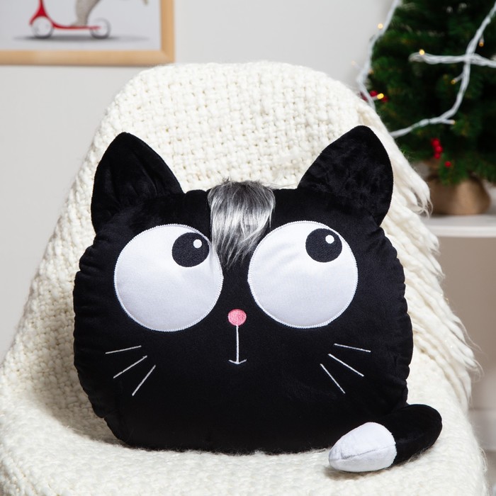 фото Подушка-игрушка кот голова-глазастик, цвет чёрный, размер 35х40см, плюш, холофайбер bazar