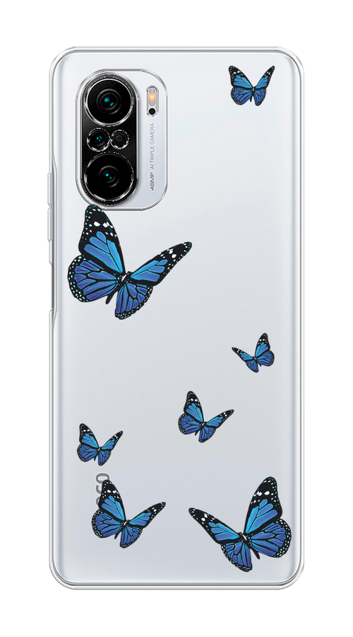 

Чехол на Poco F3 "Blue butterflies", Синий;черный, 310150-1