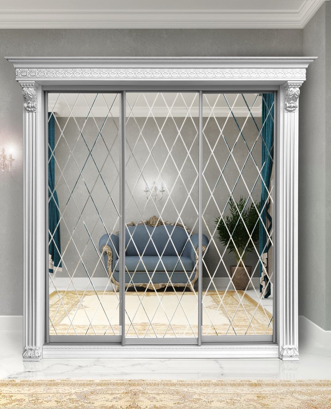 

Шкаф-купе Классик 3-дверный 2830х2400х770 мм зеркало с гравировкой ромб, Белый, Виктори