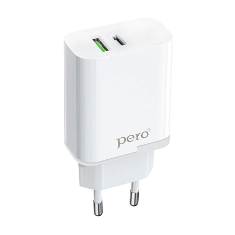 фото Сетевое зарядное устройство pero tc05 pd 18w + usb-a fast charge white tc05whpd