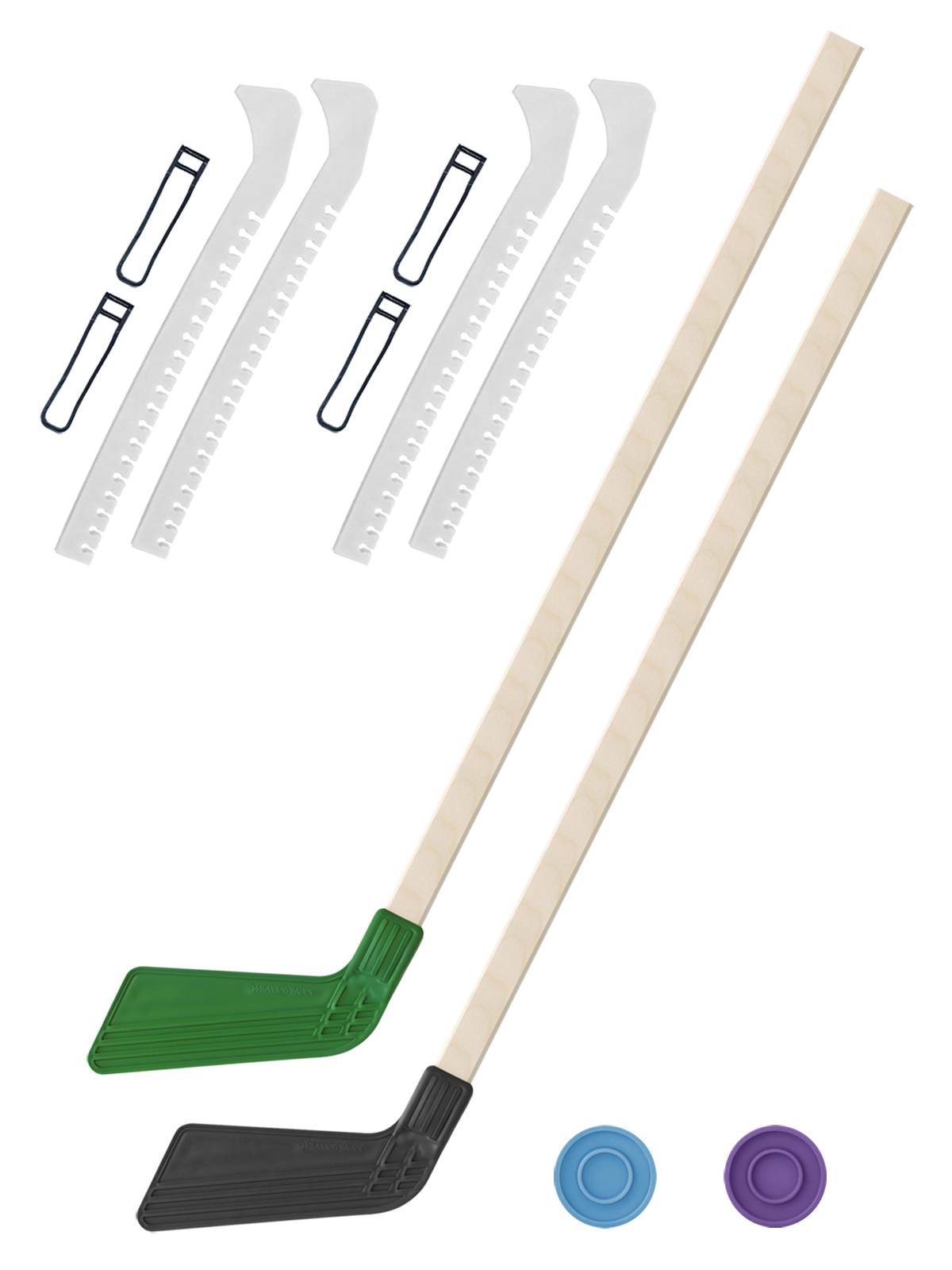 Хоккейный набор Задира-плюс клюшка детская(зел+чер)2шт+2шайбы+чехлы для коньков бел 2шт