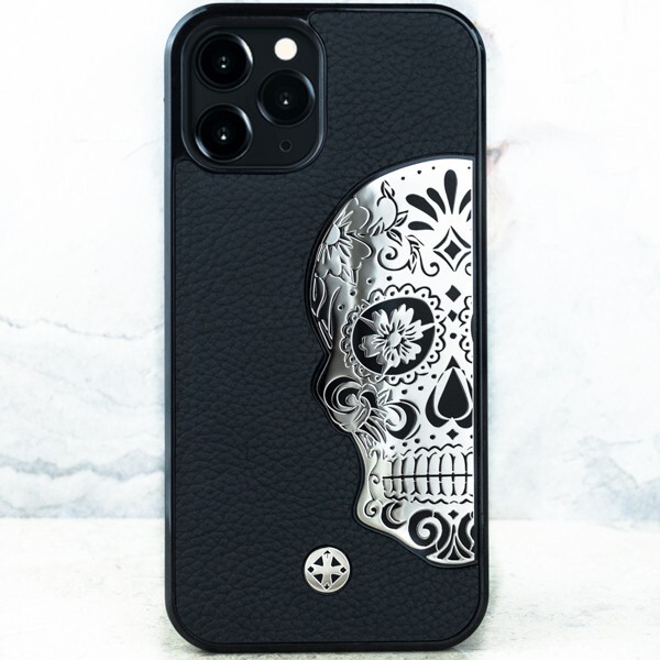 

Чехол iPhone 15 - Mexican Katrina's Skull Leather Black - Euphoria HM Premium, Серебристый;черный, iPhone 15