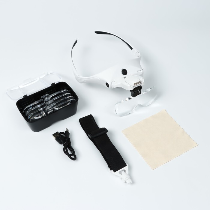 

Лупа налобная (очки), 5 линз в комплекте, подсветка, индикатор заряда, Белая