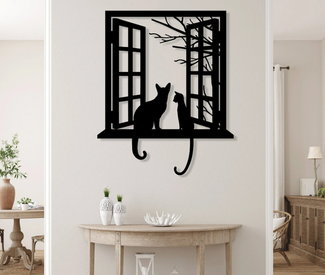 

Панно 50x50 см "Коты и Окно" декоративное настенное чёрное, декор на стену, картина