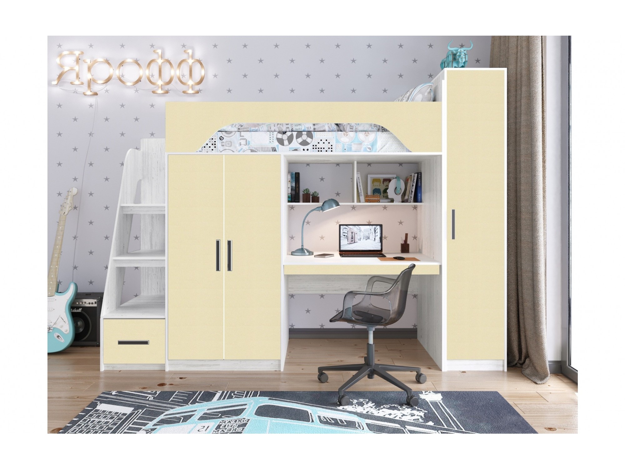 

Кровать-чердак Тея + Шкаф, винтерберг / зира (Зира, Белое дерево)