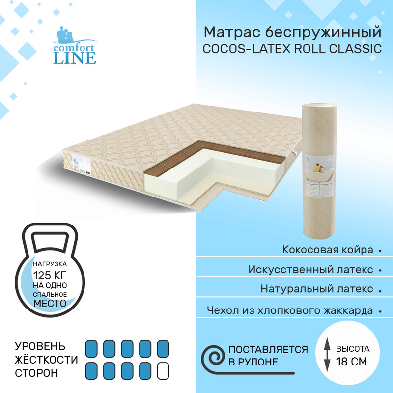 

Матрас беспружинный Comfort Line Cocos-Latex Roll Classic 165х195, высота 18 см, Бежевый, Cocos-Latex Roll Classic