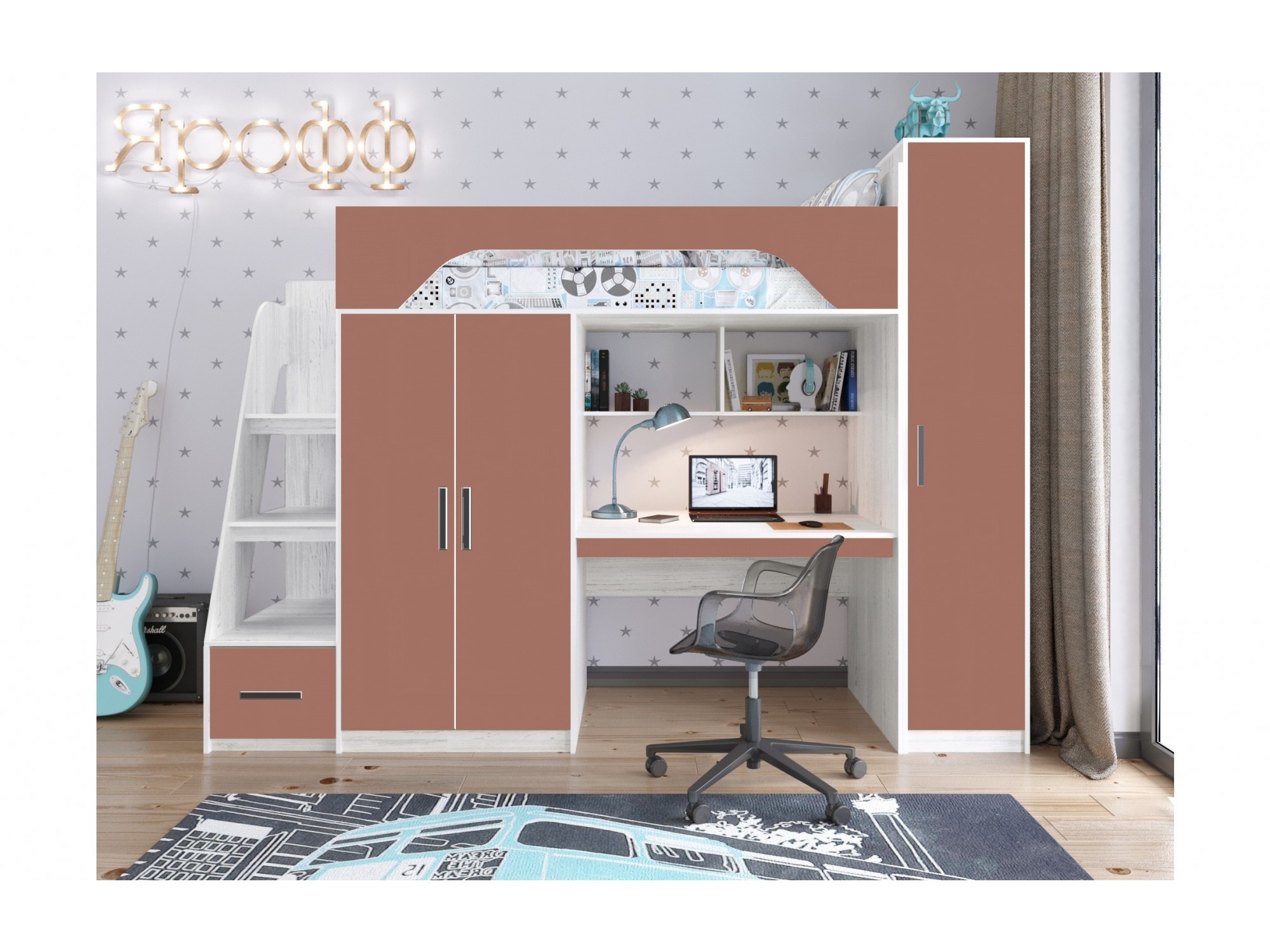 

Кровать-чердак Тея + Шкаф, винтерберг / амарант (Феритейл, Ясень)