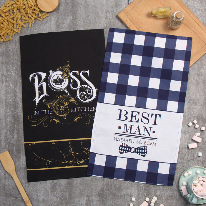 

Набор полотенец кух. Доляна Boss Best man 35х60см-2шт, 100% хл, Черный;синий