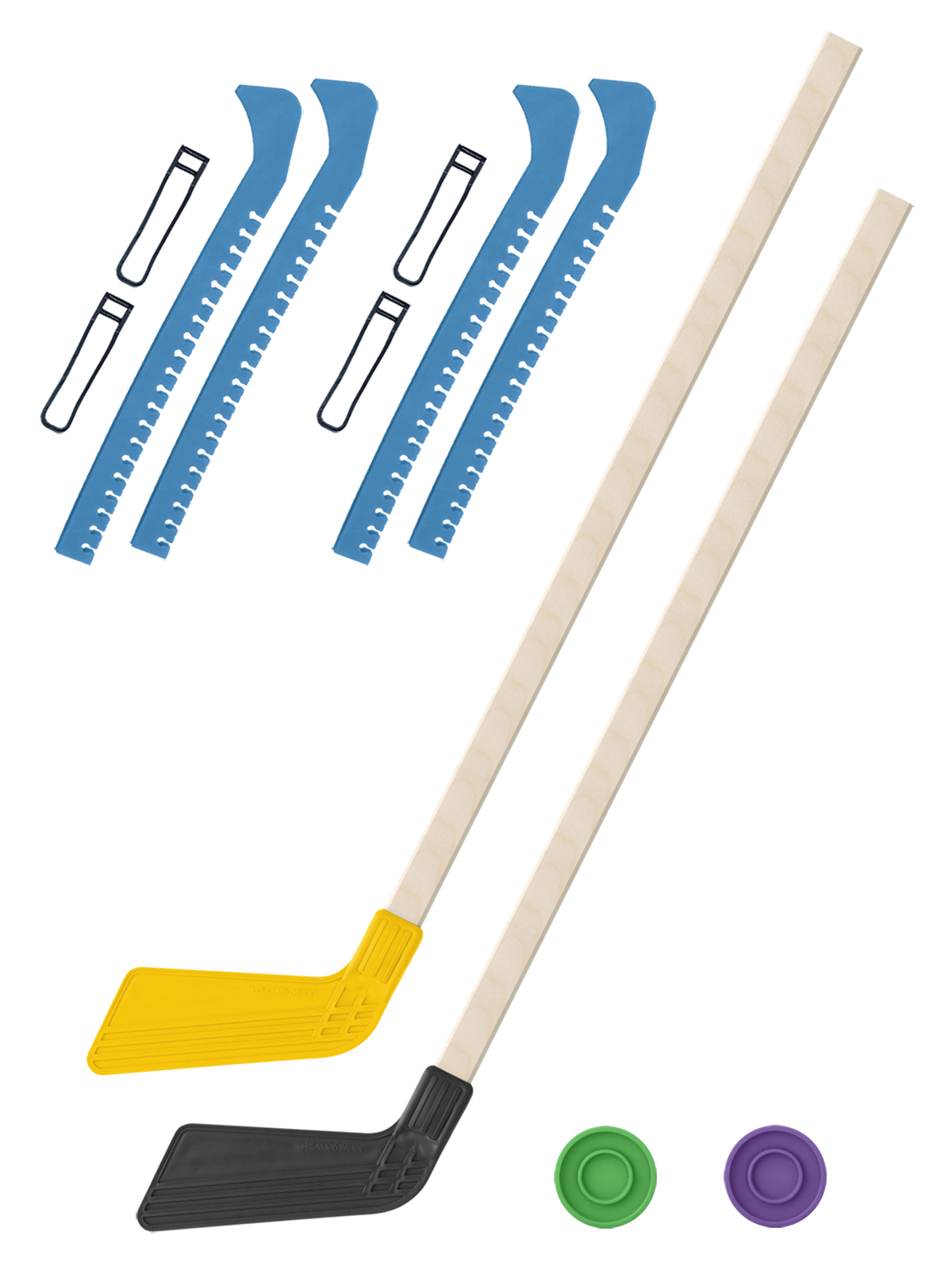 Хоккейный набор Задира-плюс клюшка детская(жел+чер)2шт+2шайбы+чехлы для коньков голуб 2шт