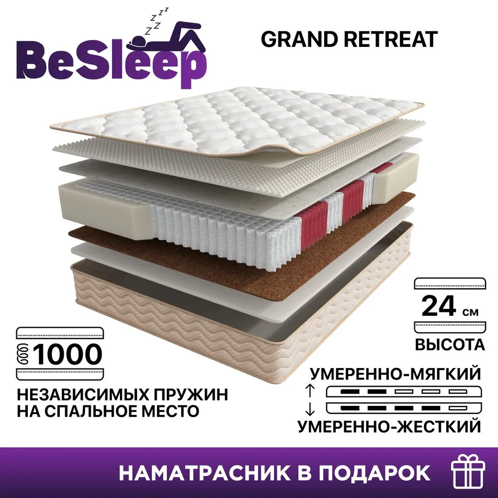 

Матрас BeSleep Grand Retreat, Независимые пружины, 90х195 см, Белый, Grand Retreat