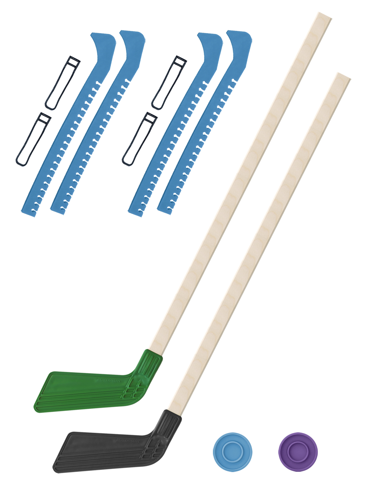 Хоккейный набор Задира-плюс клюшка детская(зел+чер)2шт+2шайбы+чехлы для коньков голуб 2шт
