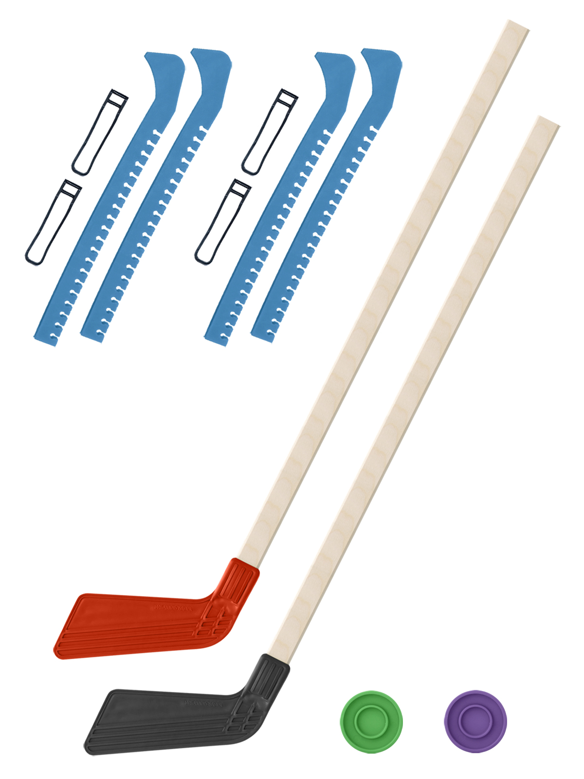 Хоккейный набор Задира-плюс клюшка детская(крас+чер)2шт+2шайбы+чехлы для коньков голуб 2шт