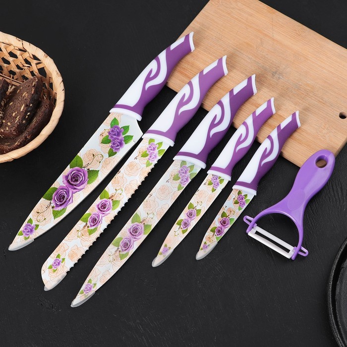 

Набор ножей «Фиолет», 6 предметов: ножи 19 см, 23 см, 32 см, 32 см, керамическая овощечист