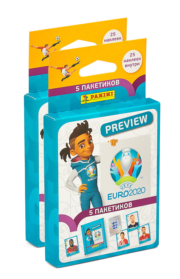 

2 блистера наклеек uefa euro 2020 tm preview от panini 25 наклеек