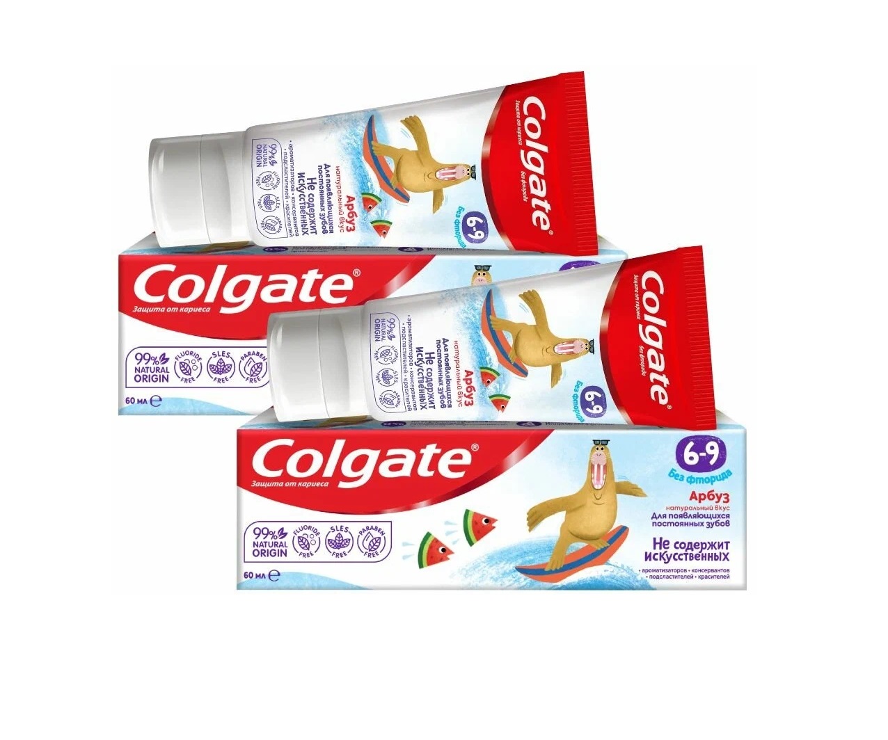 Зубная паста Colgate детская Арбуз, без фторида, для детей от 6 до 9 лет, 60 мл, 2 уп