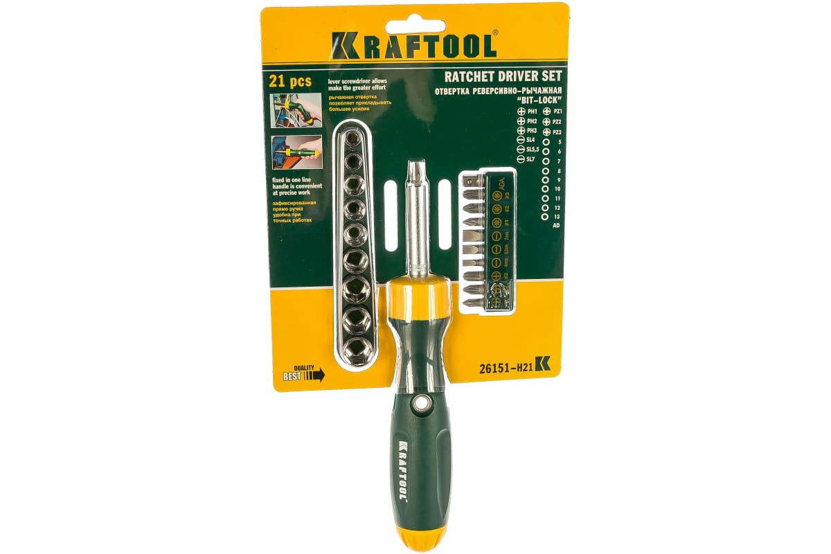 

Отвертка реверсивно-рычажная KRAFTOOL с набором бит и головок 21 предмет