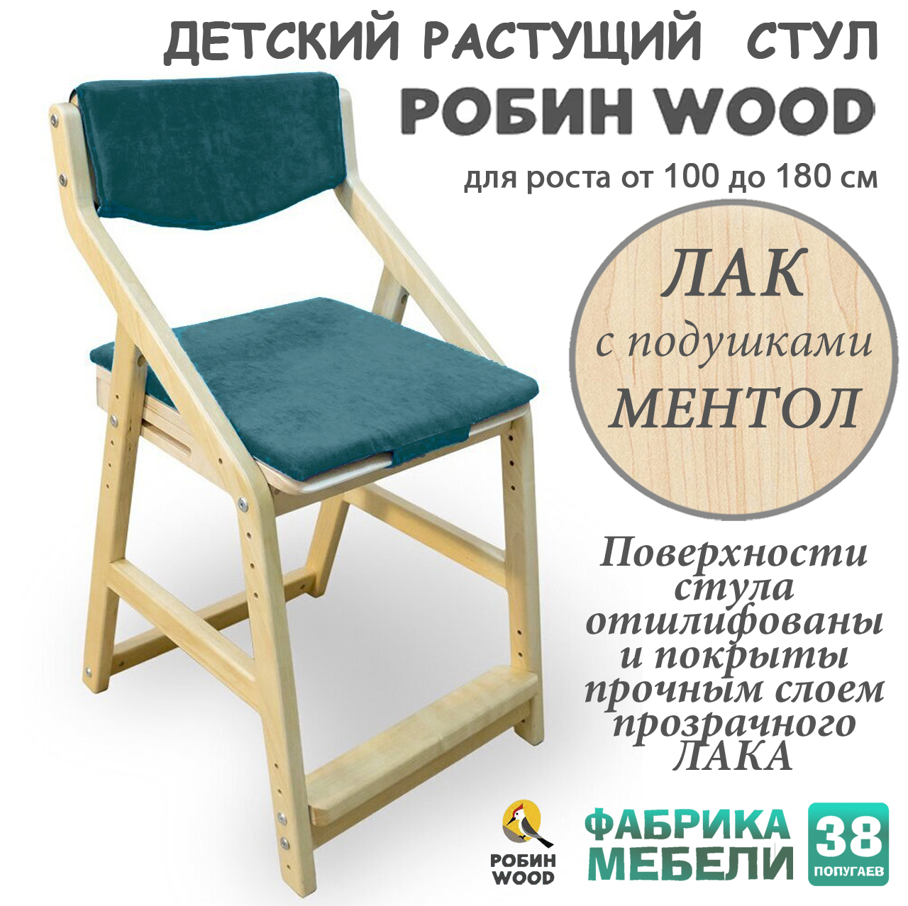 

Растущий стул детский Робин WOOD 38 попугаев лакированный с подушками Ментол, WOOD