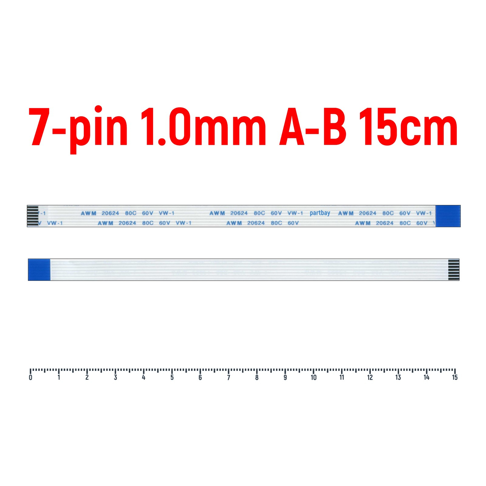 Шлейф FFC 7-pin Шаг 1.0мм Длина 15см Обратный A-B AWM 20624 80C 60V VW-1 600018915871