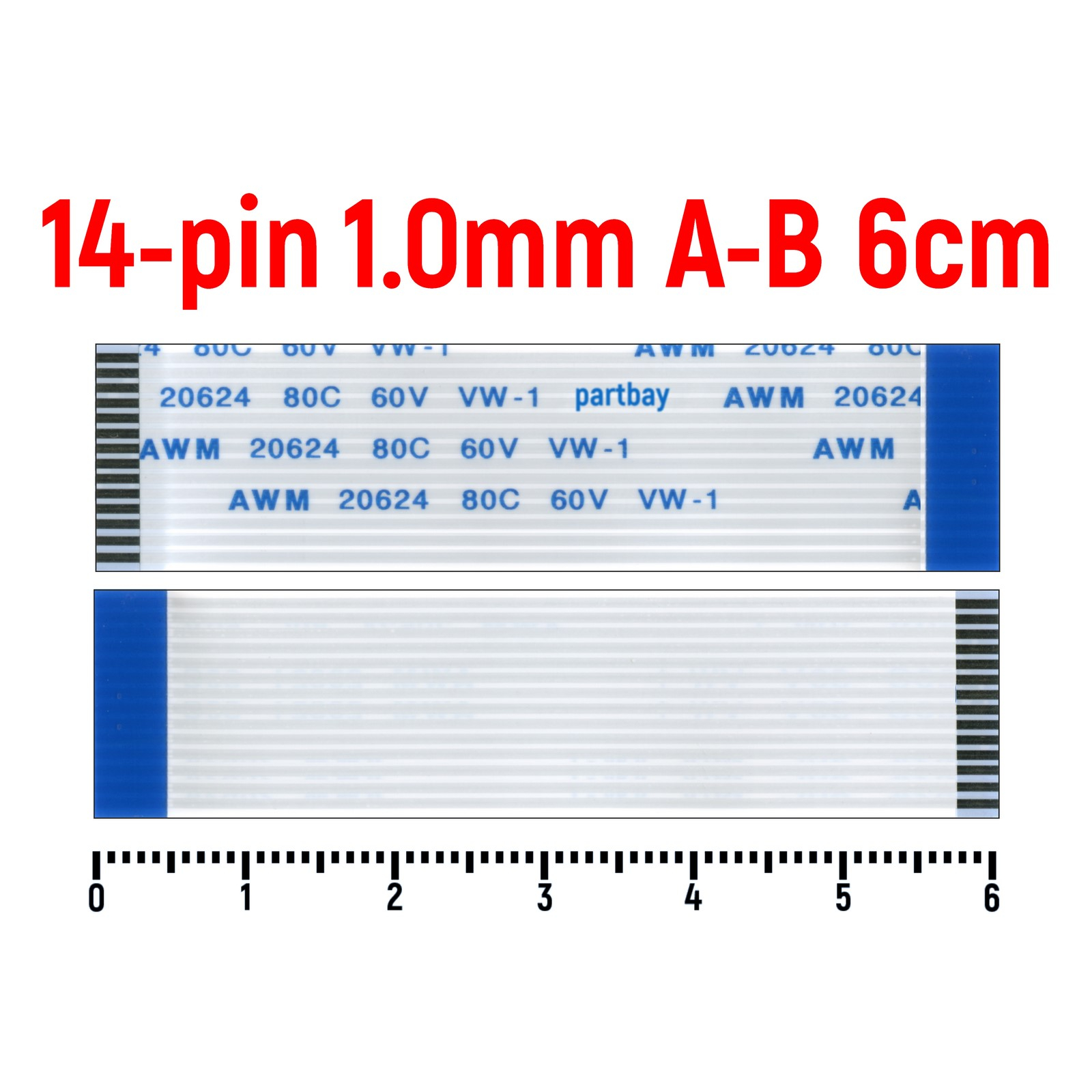 

Шлейф FFC 14-pin Шаг 1.0мм Длина 6см Обратный A-B AWM 20624 80C 60V VW-1