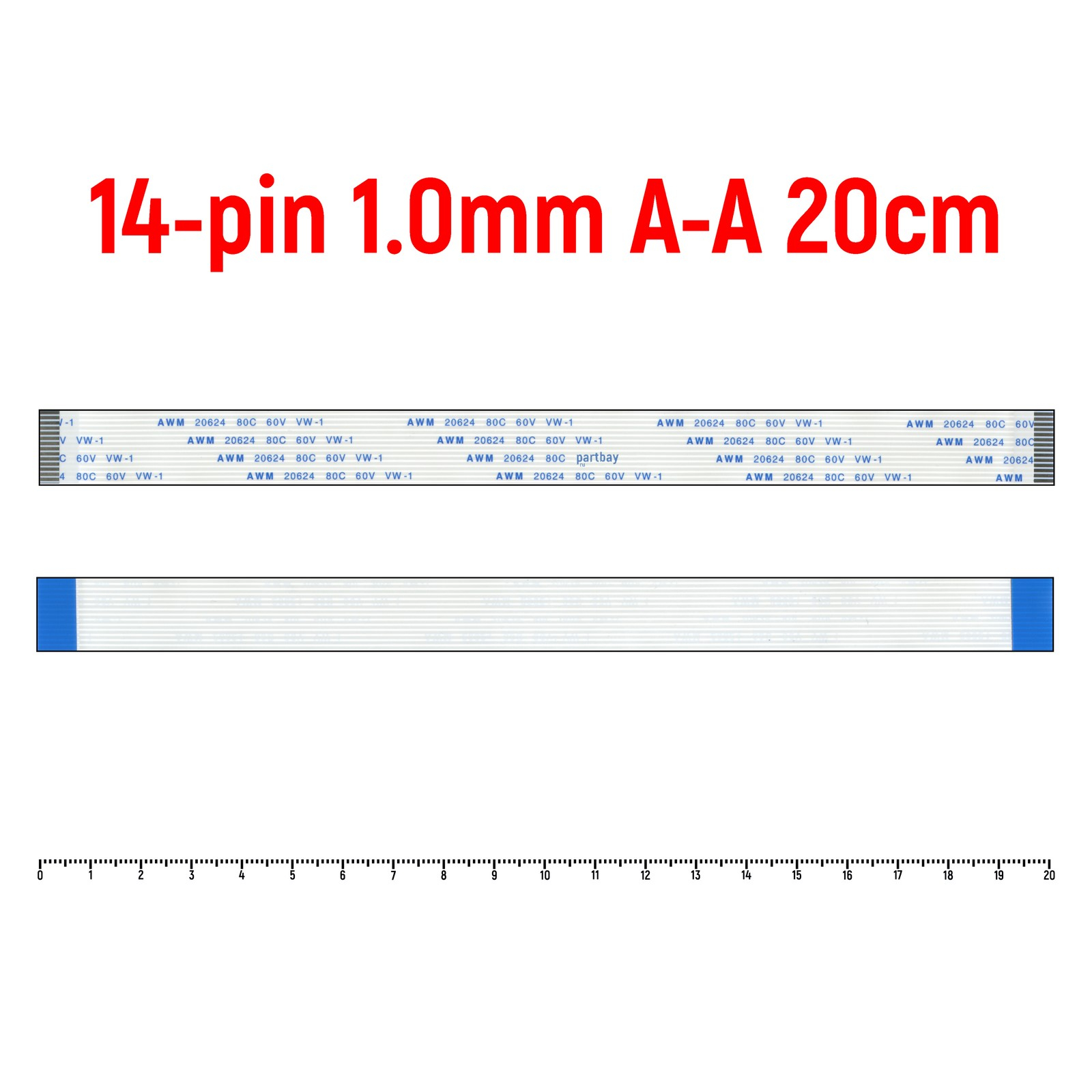 

Шлейф FFC 14-pin Шаг 1.0мм Длина 20см Прямой A-A AWM 20624 80C 60V VW-1