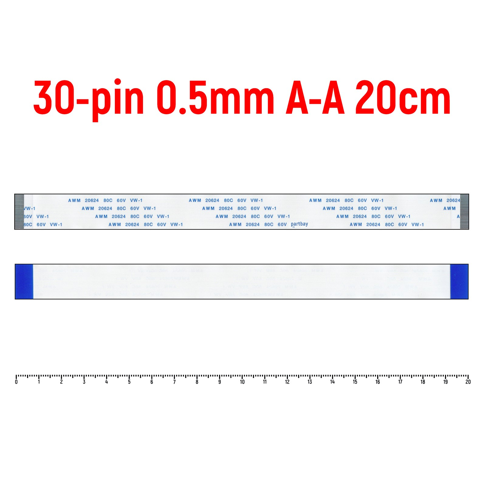 

Шлейф FFC 30-pin Шаг 0.5мм Длина 20см Прямой A-A AWM 20624 80C 60V VW-1