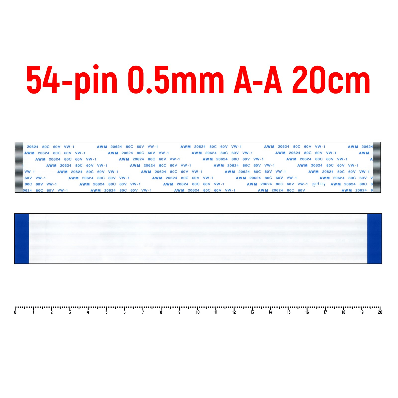 

Шлейф FFC 54-pin Шаг 0.5мм Длина 20см Прямой A-A AWM 20624 80C 60V VW-1